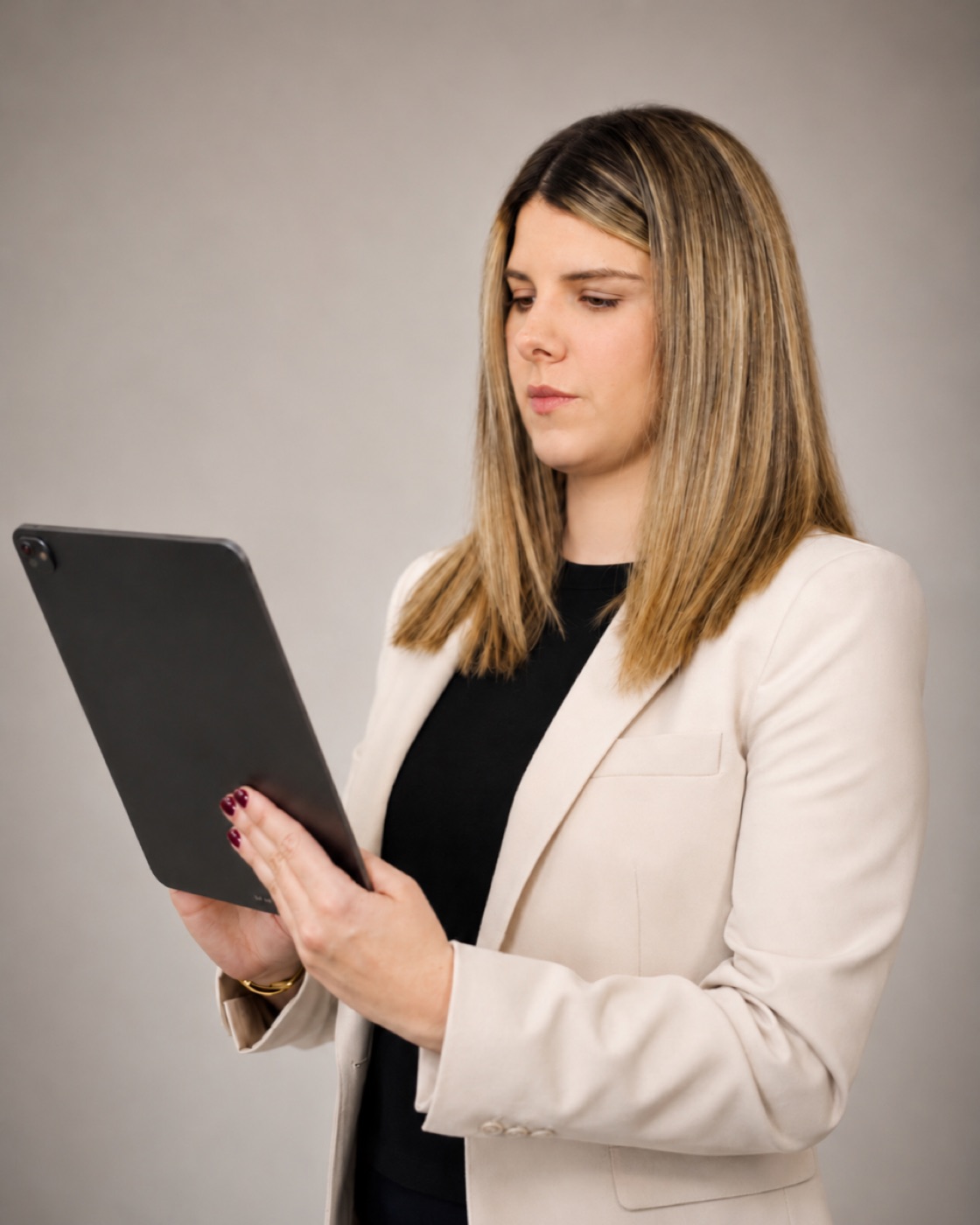 Ana María Martínez revisando opciones de seguro en su tableta