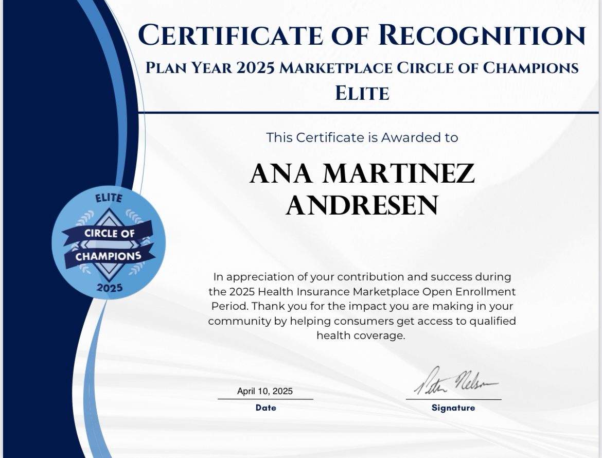 Certificate of Recognition - Plan Year 2025 Marketplace Circle of Champions Elite - Ana Martinez Andresen